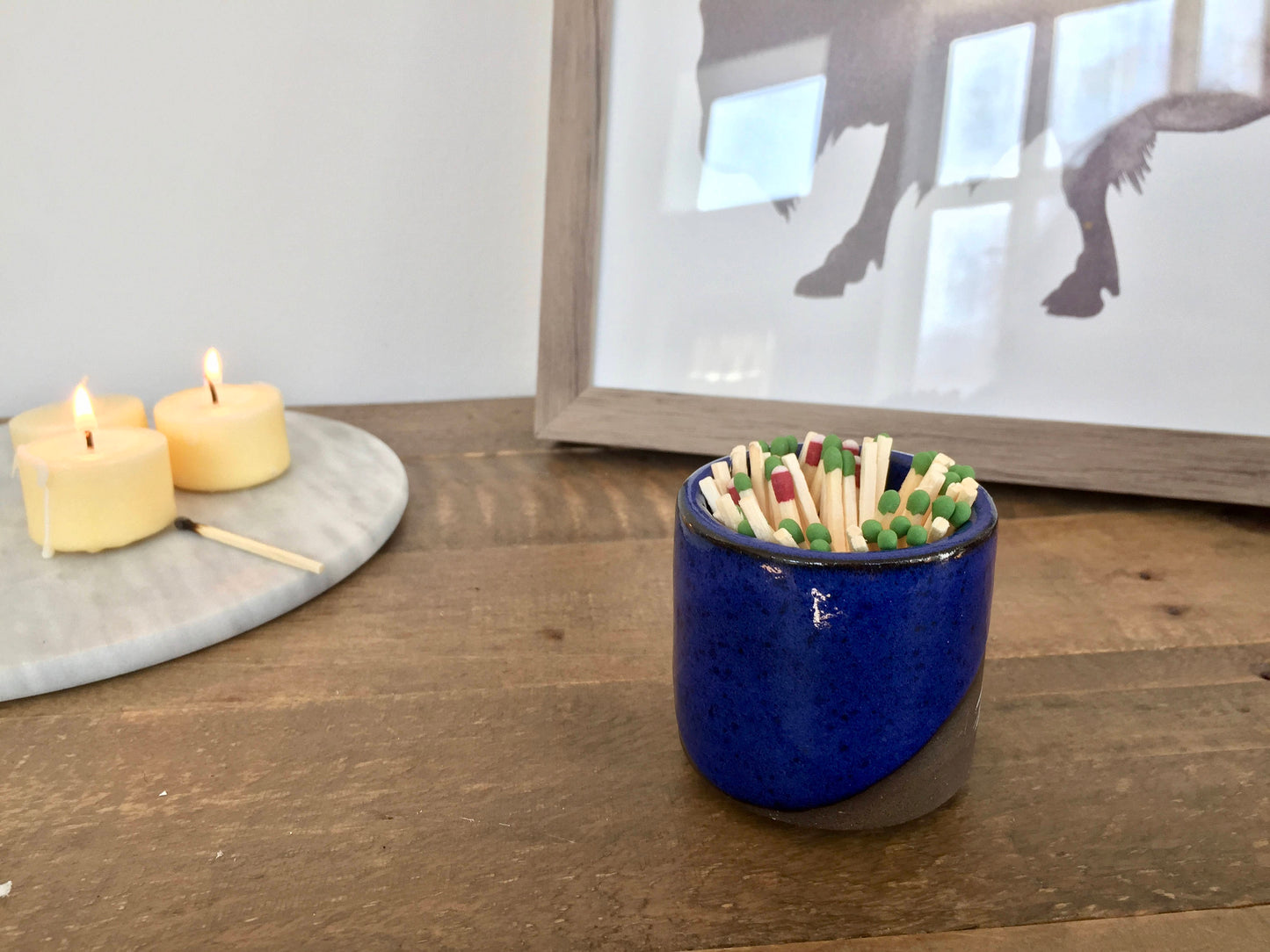 Ceramic Matchstick holder- Strike on side- Cobalt blue- small jar.