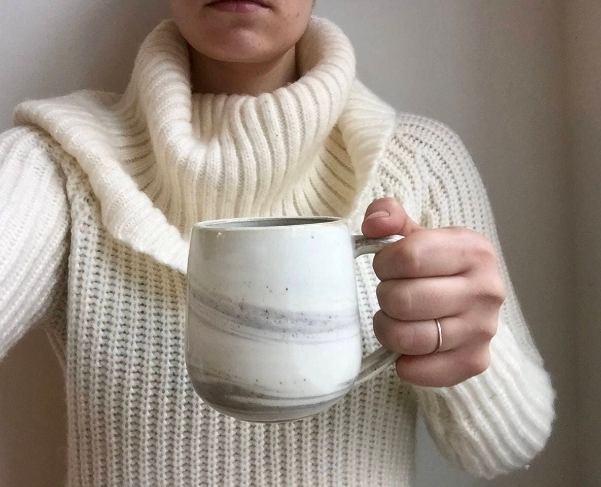 ceramic coffee mug-marble design -Beige and white