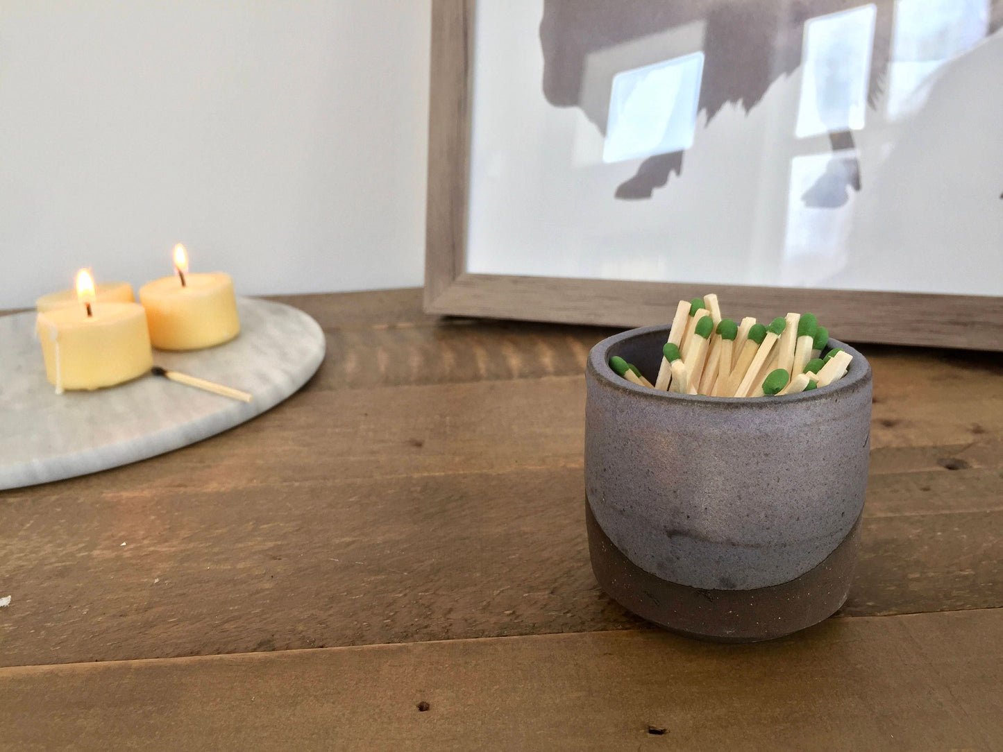 Ceramic Matchstick holder- Strike on side- purple gray- small jar