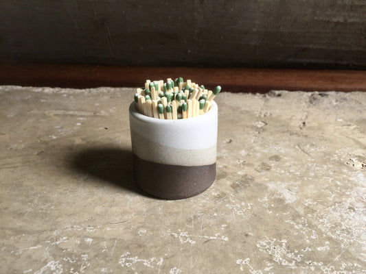 Mini chocolate and white Ceramic Matchstick holder- Strike on side- White on chocolate clay - match jar