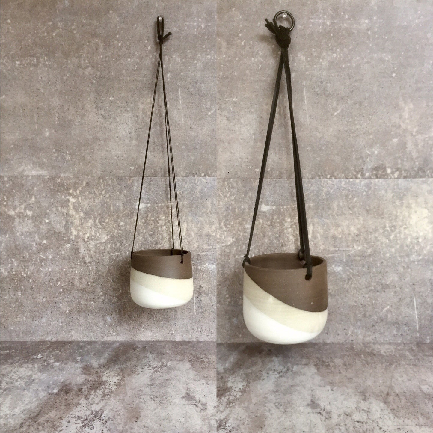 Large Ceramic planter-white on chocolate stoneware-   Hanging flower pot - herb planter