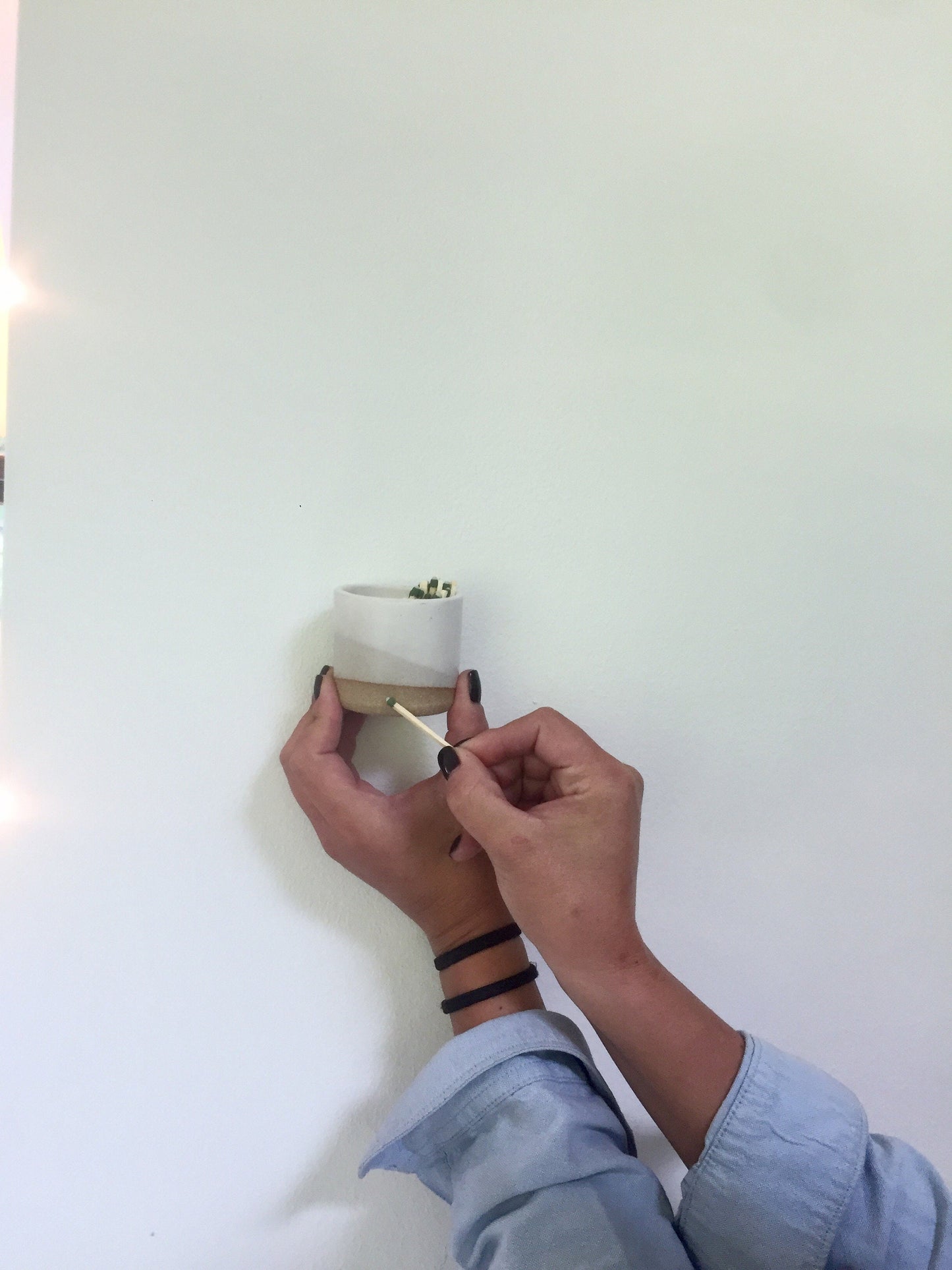 Wide Beige and white- ceramic Matchstick holder- Strike on side - match jar- NEW!