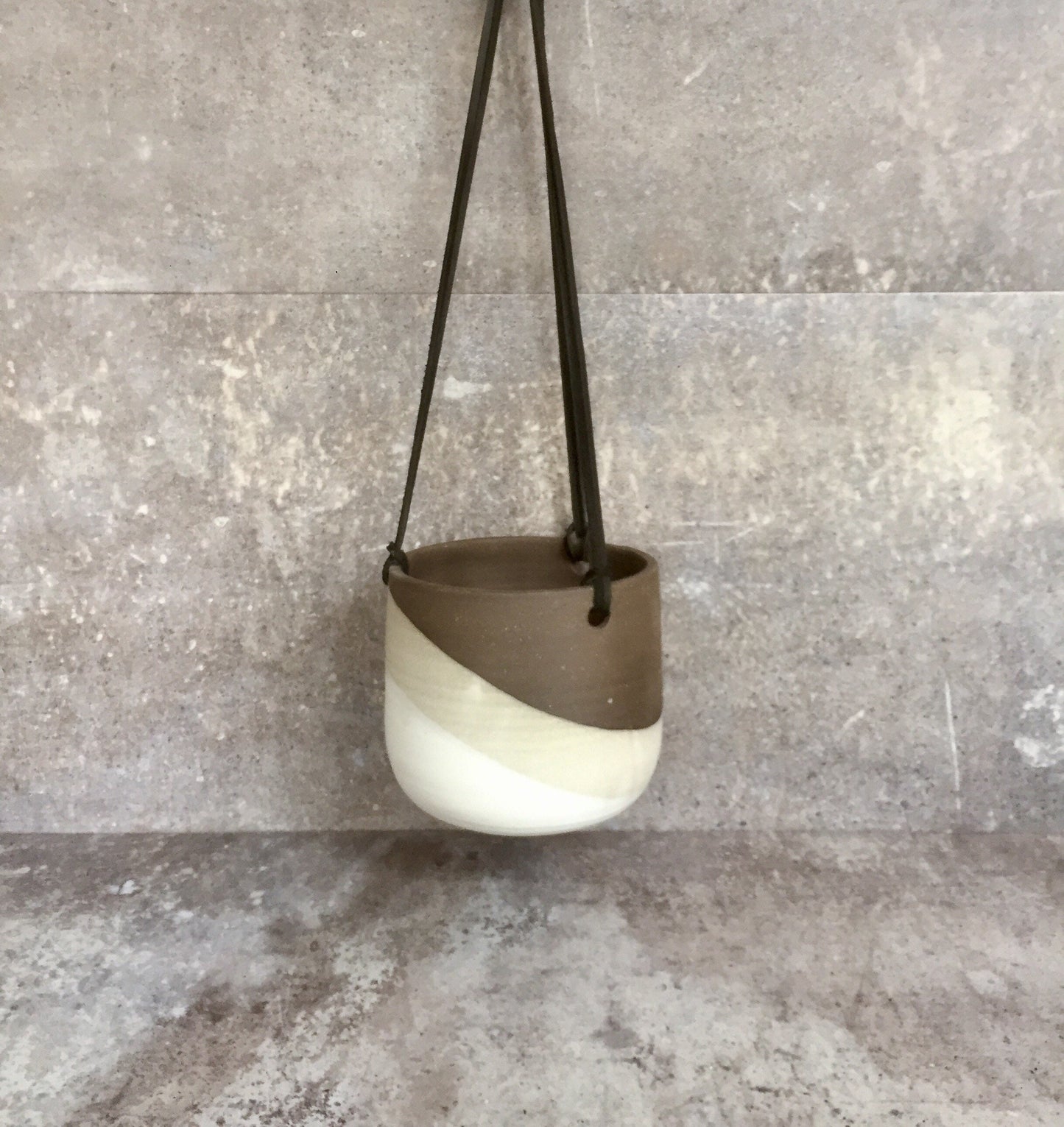Large Ceramic planter-white on chocolate stoneware-   Hanging flower pot - herb planter