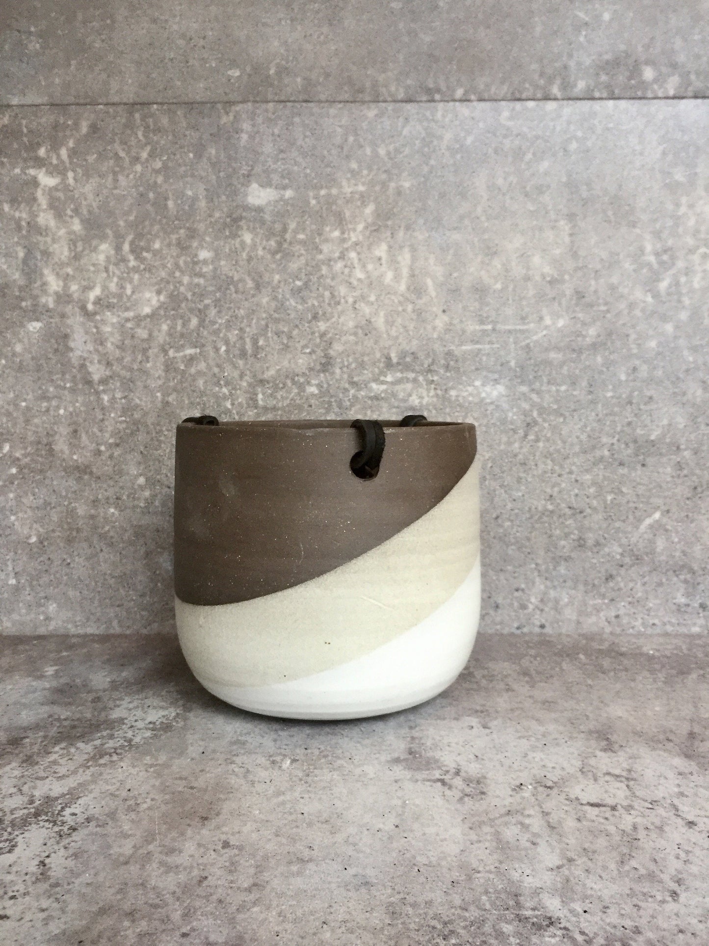 Large Ceramic planter-white on chocolate stoneware-   Hanging flower pot - herb planter