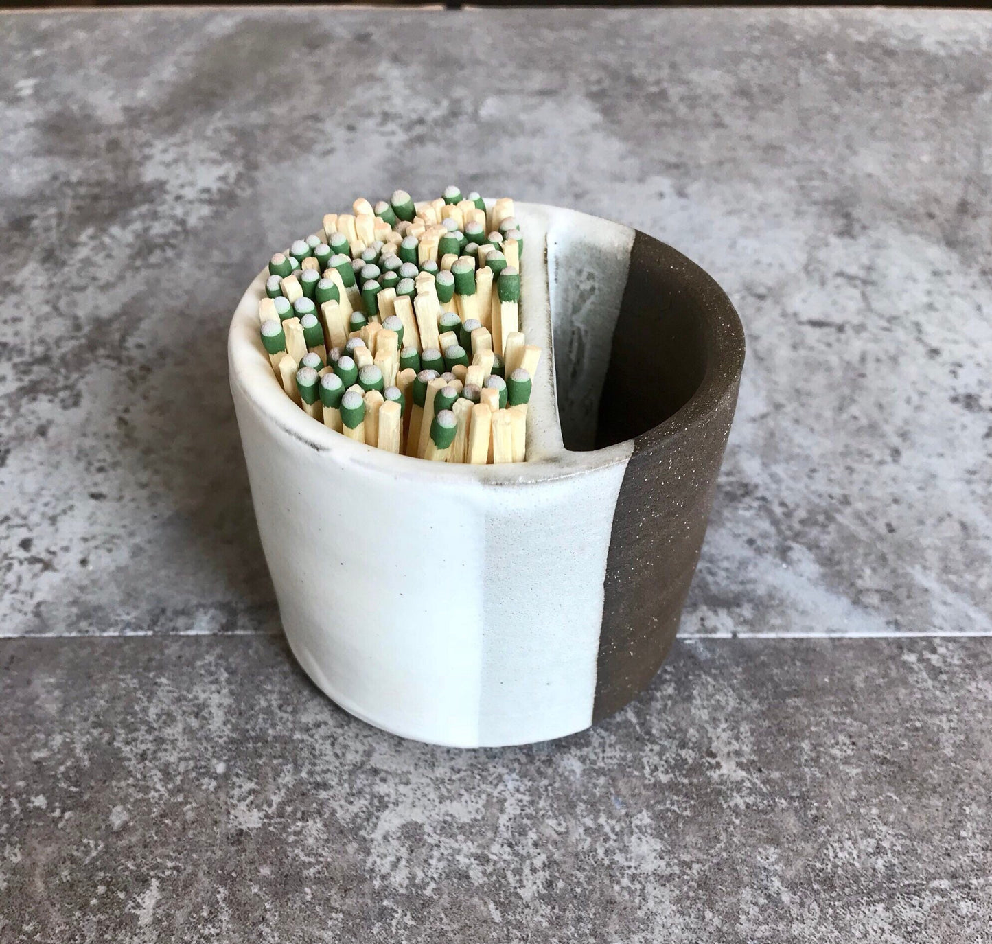 Ceramic Matchstick holder Duo- Strike on side with discard slot- White and chocolate - small jar- NEW!!