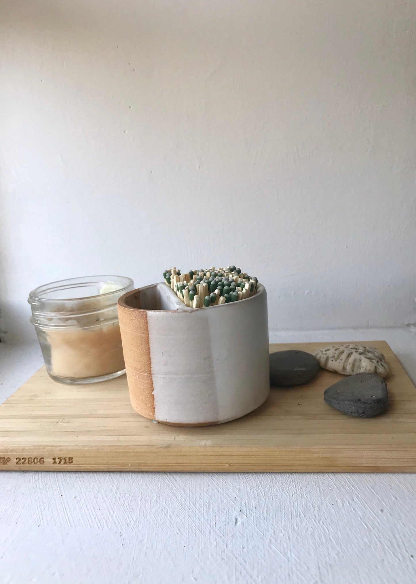 Ceramic Matchstick holder Duo- Strike on side with discard slot- White and beige- small jar- NEW!!