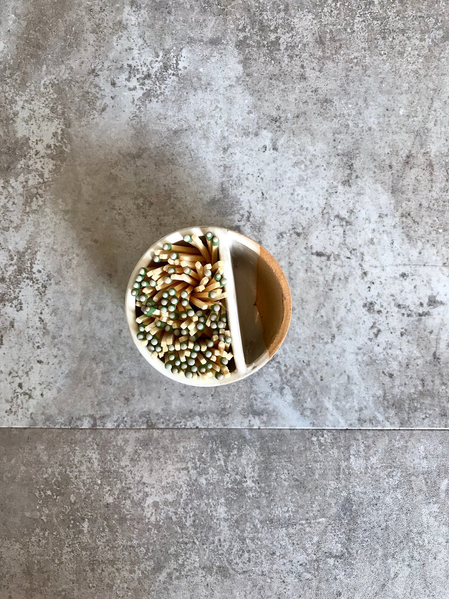 Ceramic Matchstick holder Duo- Strike on side with discard slot- White and beige- small jar- NEW!!