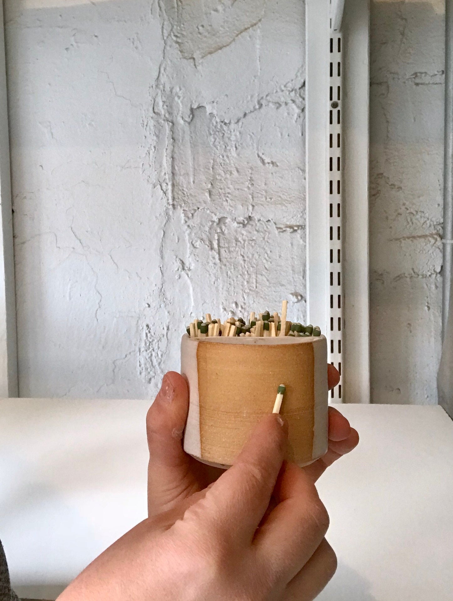 Ceramic Matchstick holder Duo- Strike on side with discard slot- White and beige- small jar- NEW!!