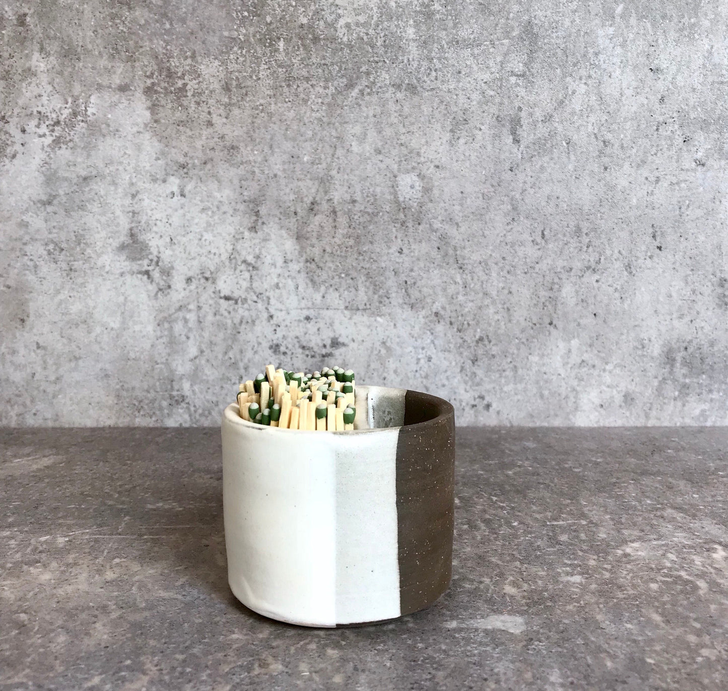 Ceramic Matchstick holder Duo- Strike on side with discard slot- White and chocolate - small jar- NEW!!