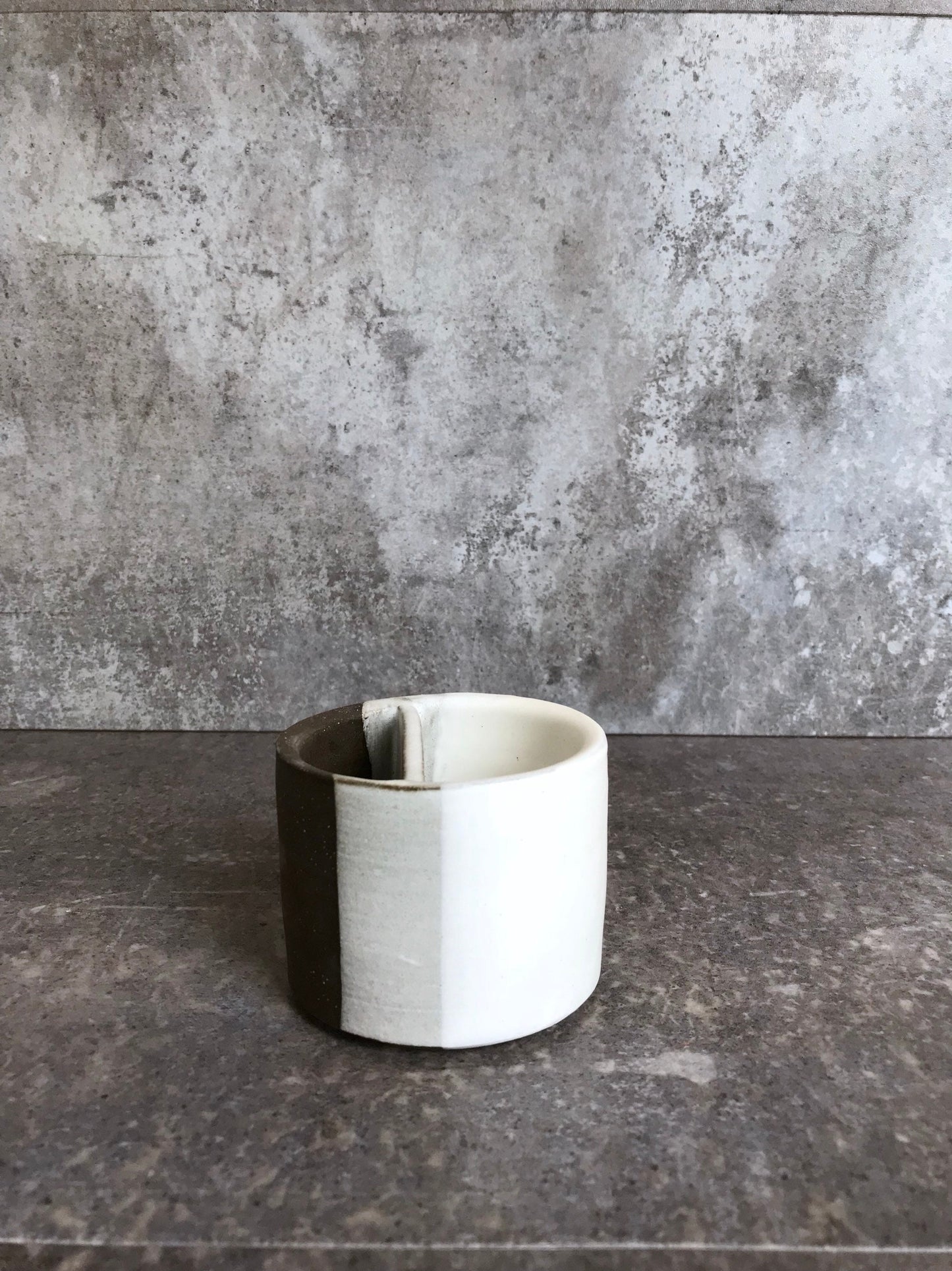 Ceramic Matchstick holder Duo- Strike on side with discard slot- White and chocolate - small jar- NEW!!