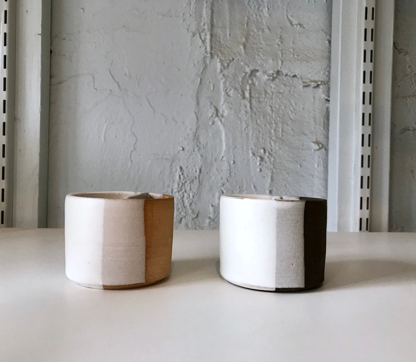 Ceramic Matchstick holder Duo- Strike on side with discard slot- White and beige- small jar- NEW!!