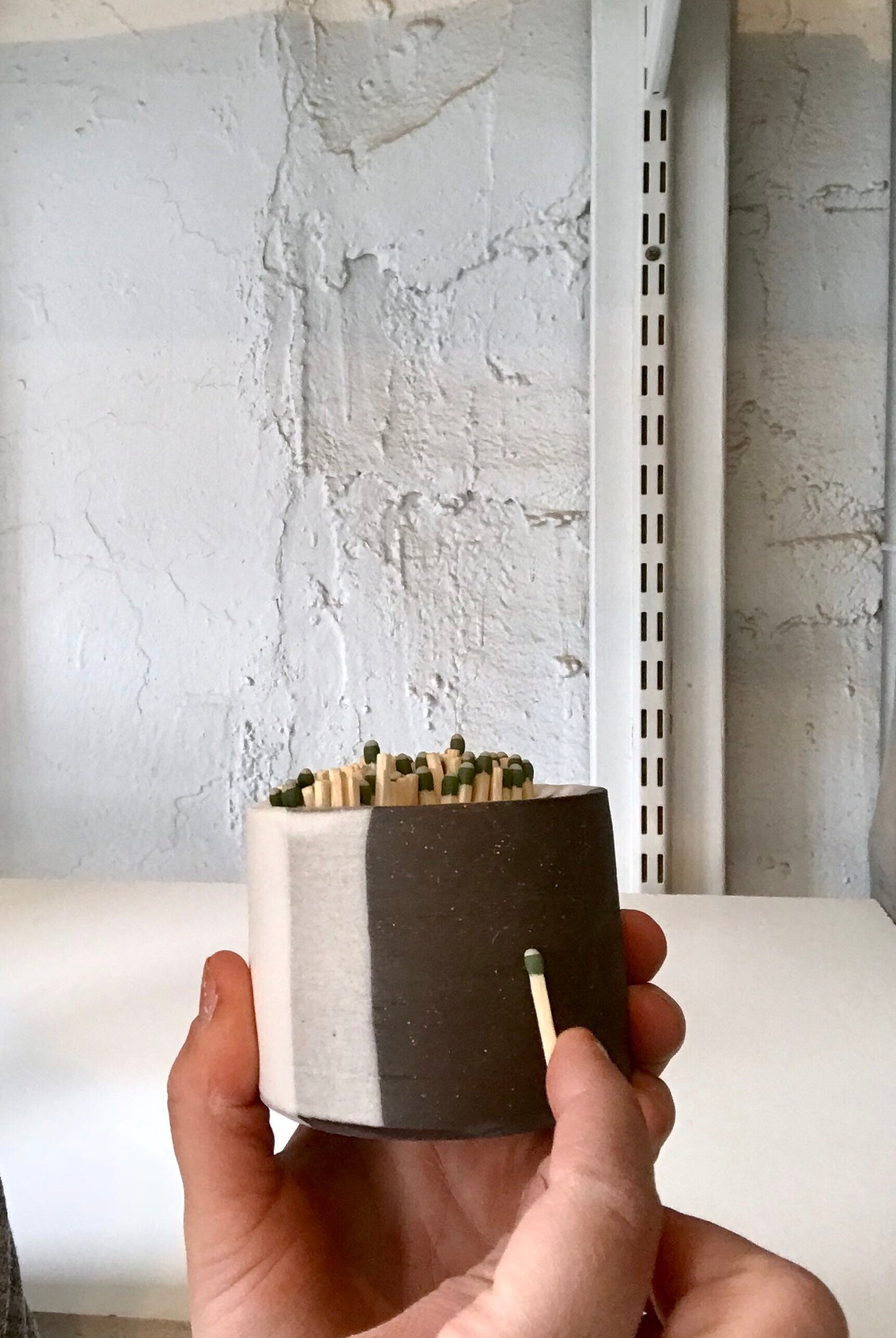 Ceramic Matchstick holder Duo- Strike on side with discard slot- White and chocolate - small jar- NEW!!