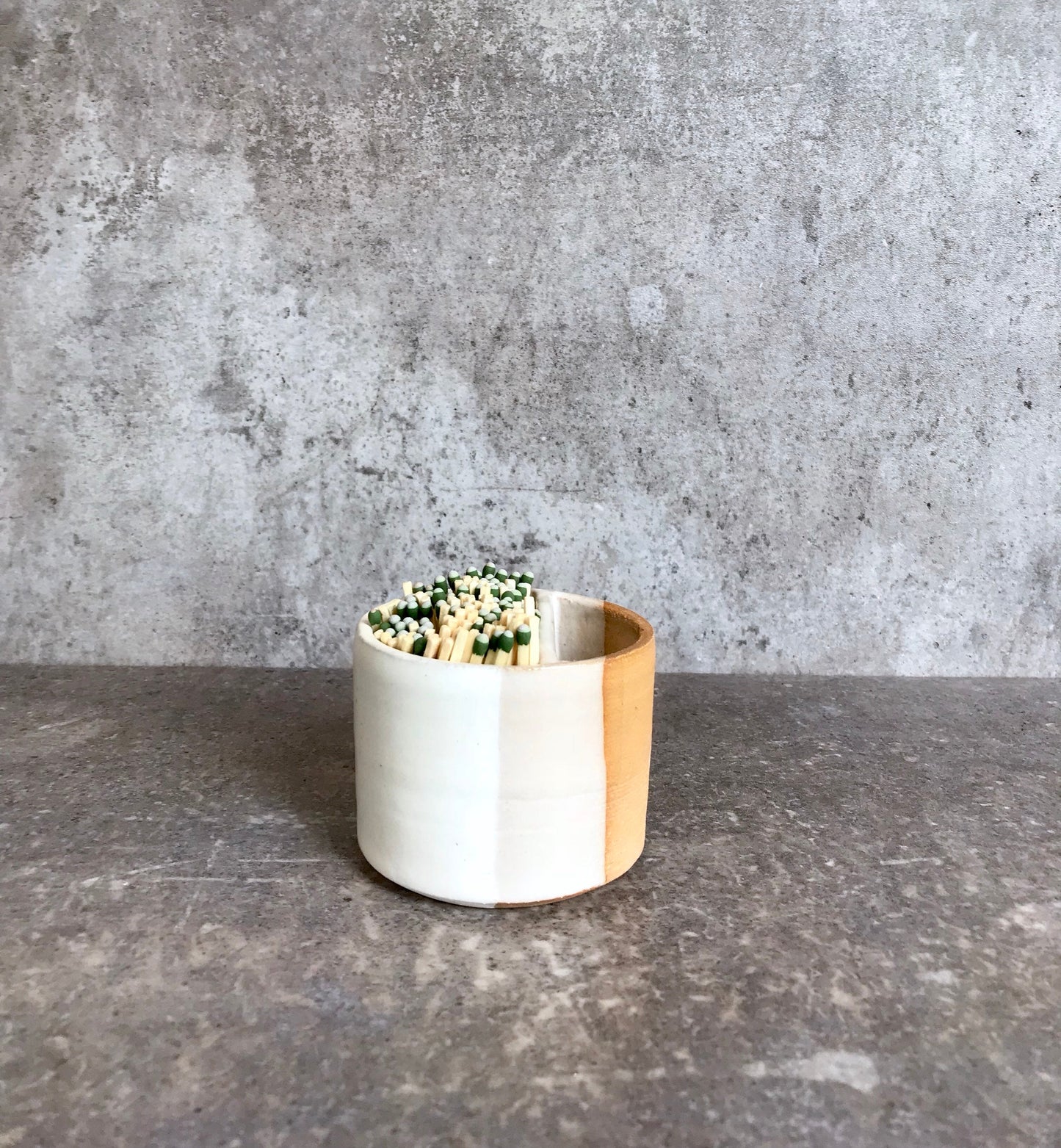 Ceramic Matchstick holder Duo- Strike on side with discard slot- White and beige- small jar- NEW!!