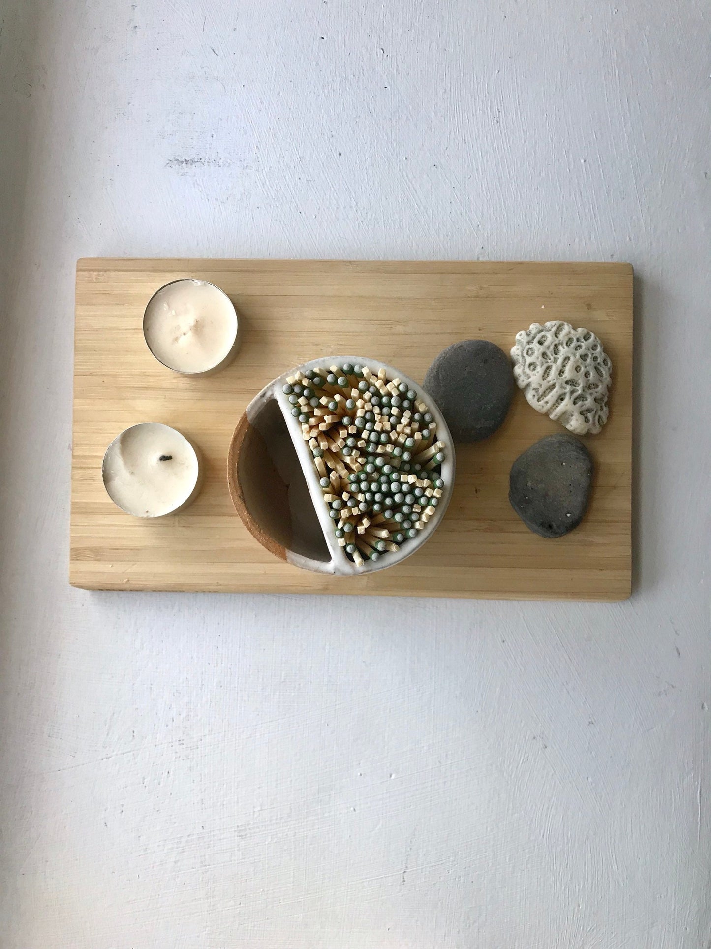 Ceramic Matchstick holder Duo- Strike on side with discard slot- White and beige- small jar- NEW!!