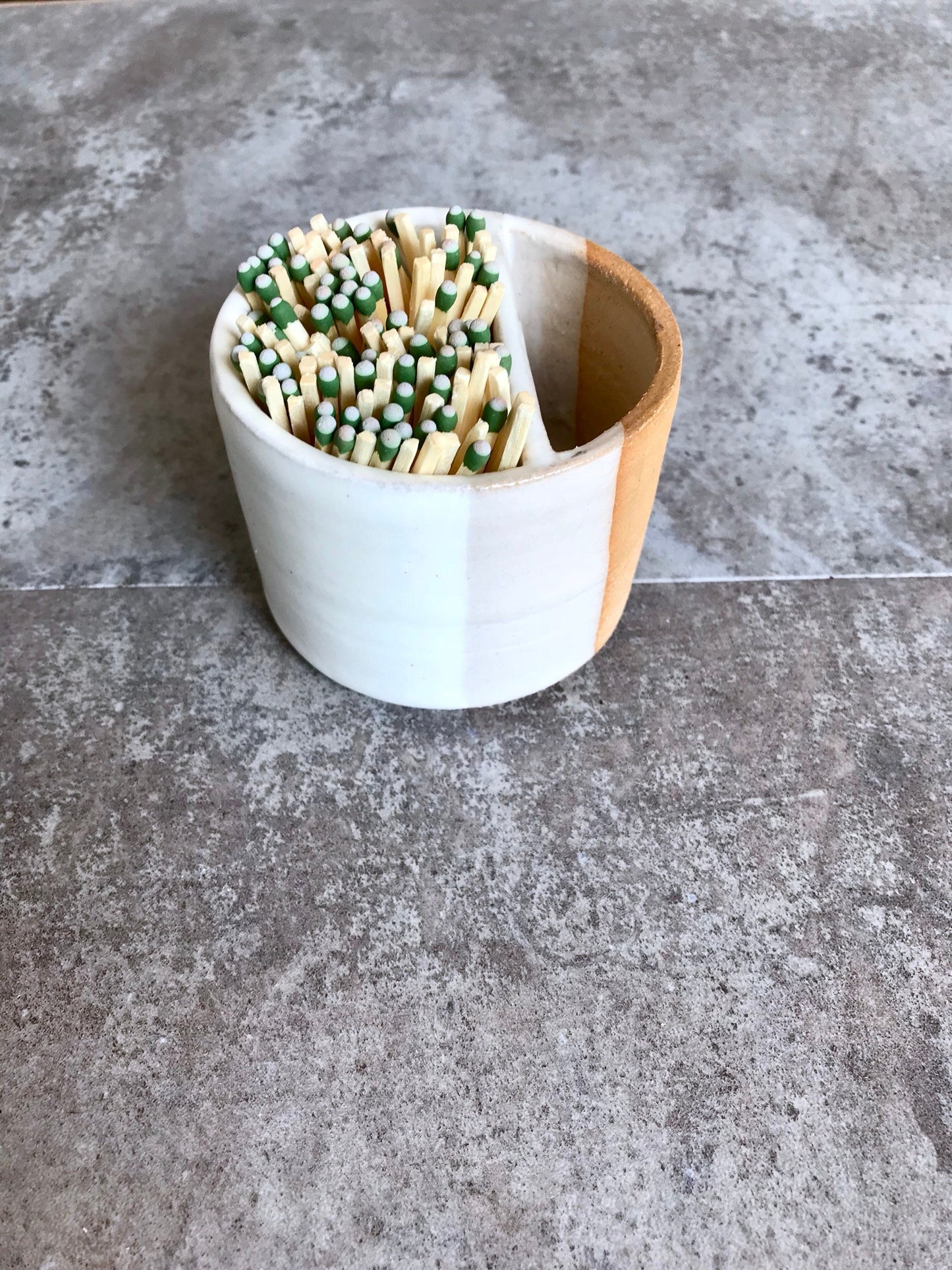 Ceramic Matchstick holder Duo- Strike on side with discard slot- White and beige- small jar- NEW!!