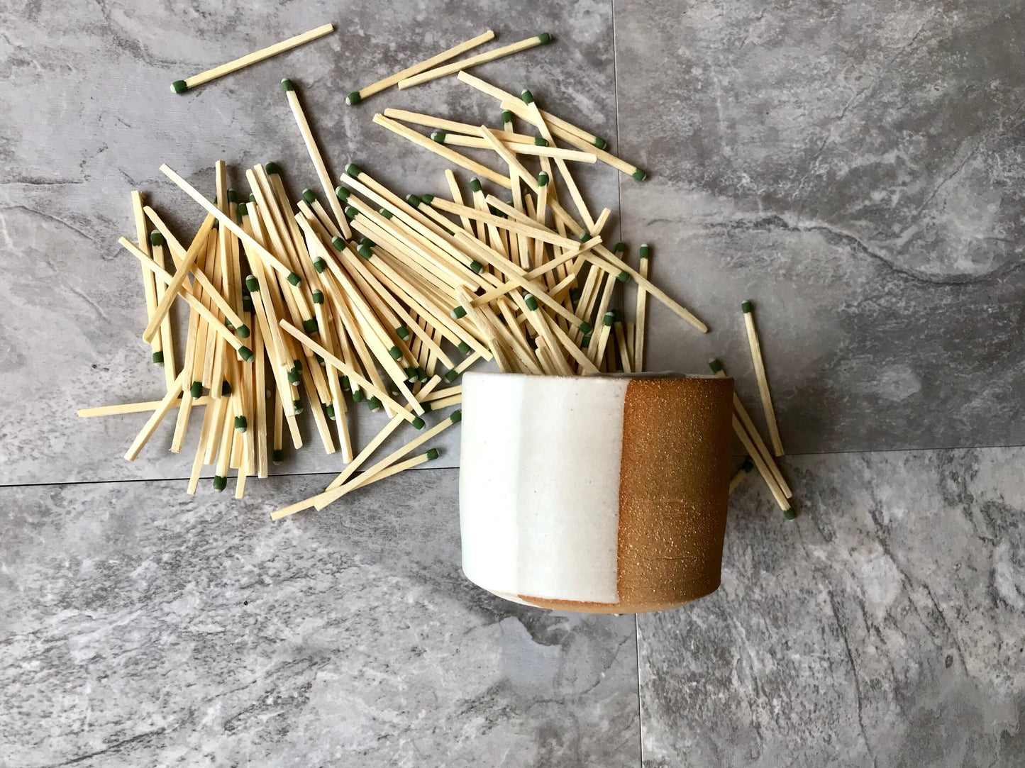 Ceramic Matchstick holder Duo- Strike on side with discard slot- White and beige- small jar- NEW!!