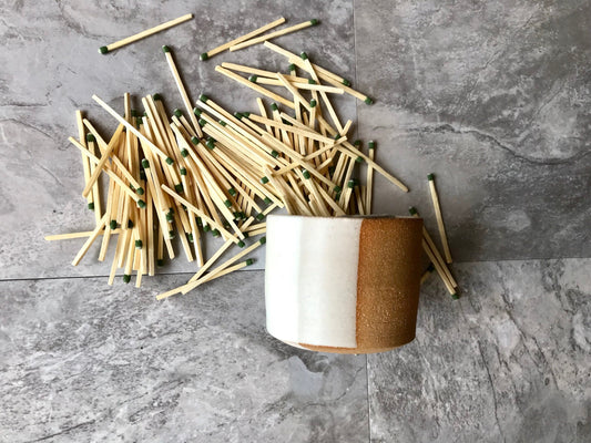 Ceramic Matchstick holder Duo- Strike on side with discard slot- White and beige- small jar- NEW!!