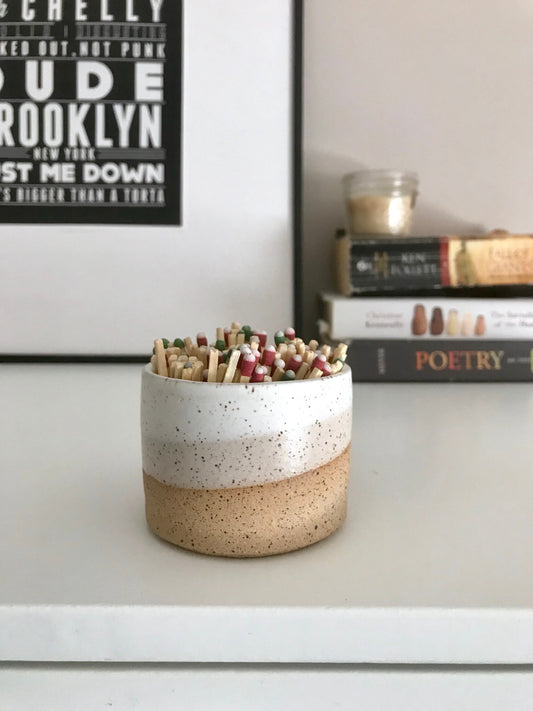 Wide SPECKLED  Beige and white- ceramic Matchstick holder- Strike on side - match jar- NEW!