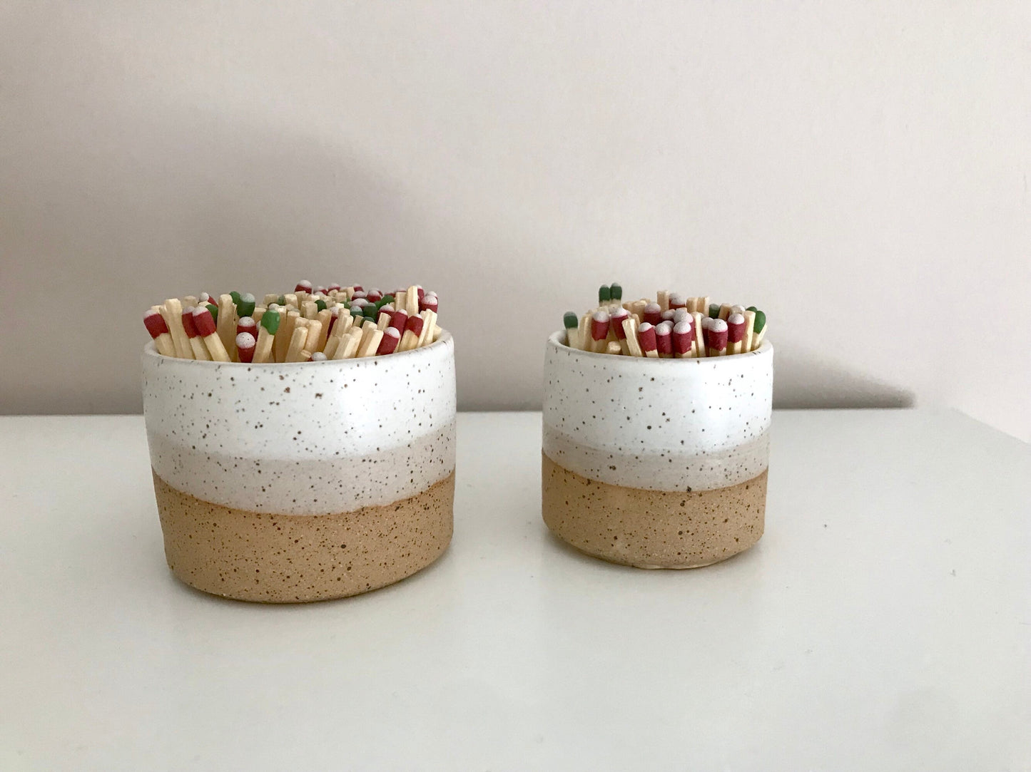 mini SPECKLED  Beige and white- ceramic Matchstick holder- Strike on side - small jar- NEW!