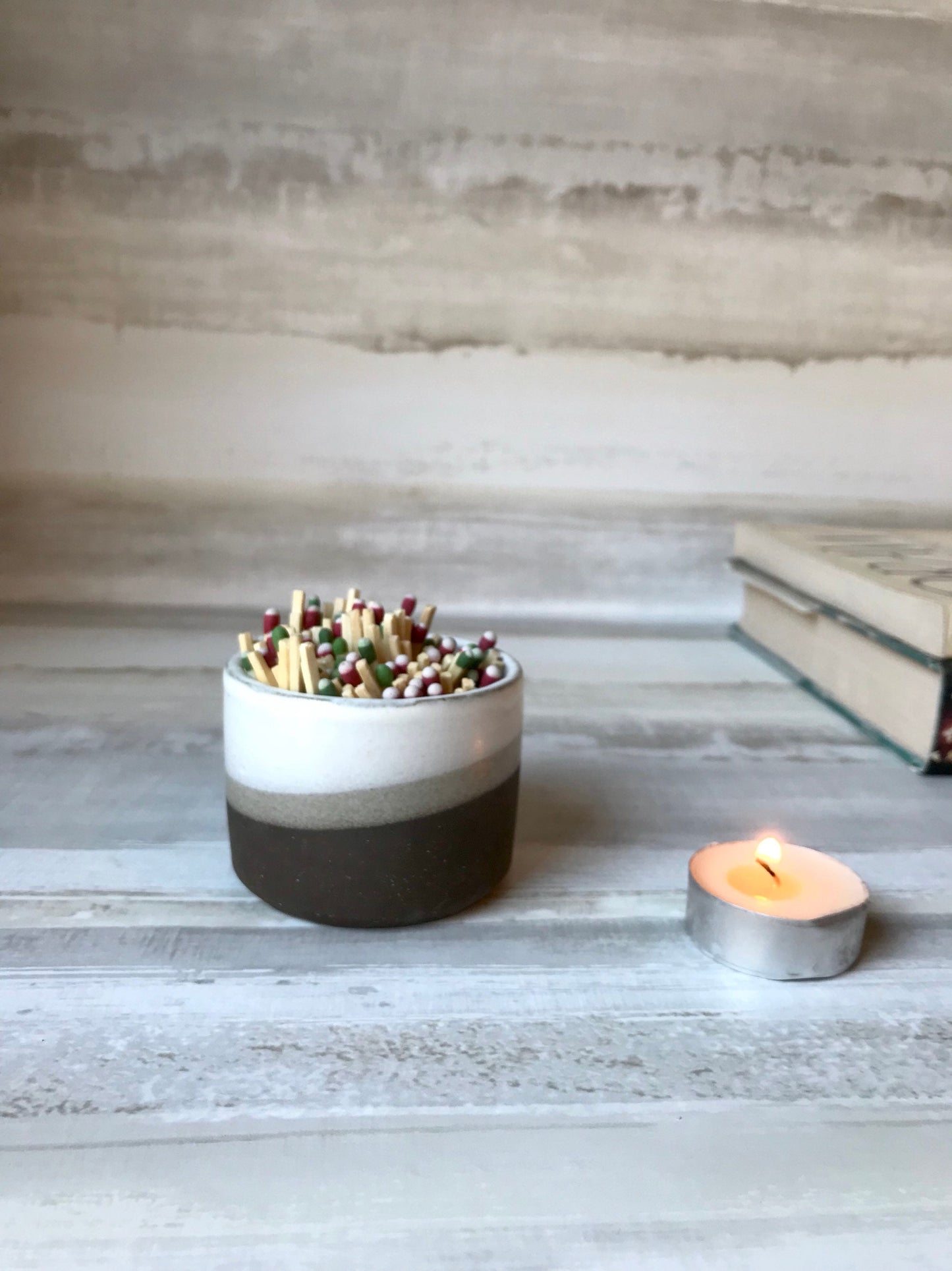 Wide chocolate and white - ceramic Matchstick holder- Strike on side - match jar- NEW!