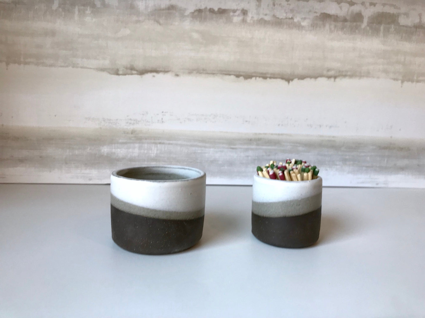 Wide chocolate and white - ceramic Matchstick holder- Strike on side - match jar- NEW!