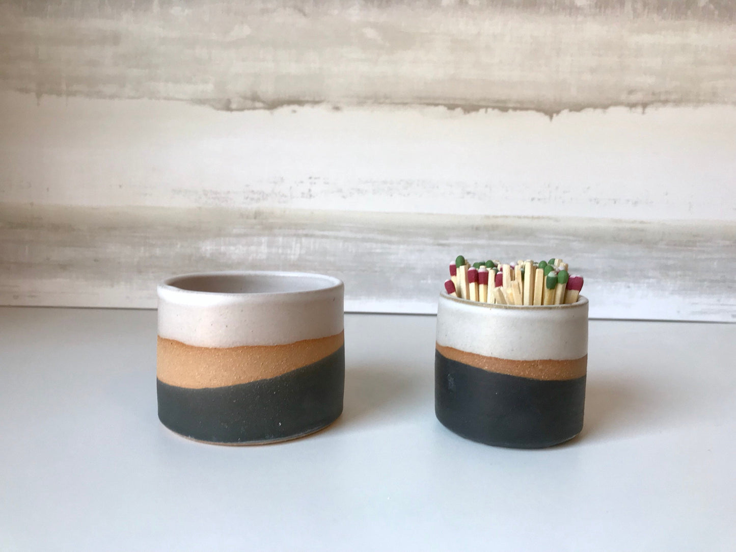 Wide tri color- ceramic Matchstick holder- Strike on side - match jar- NEW!