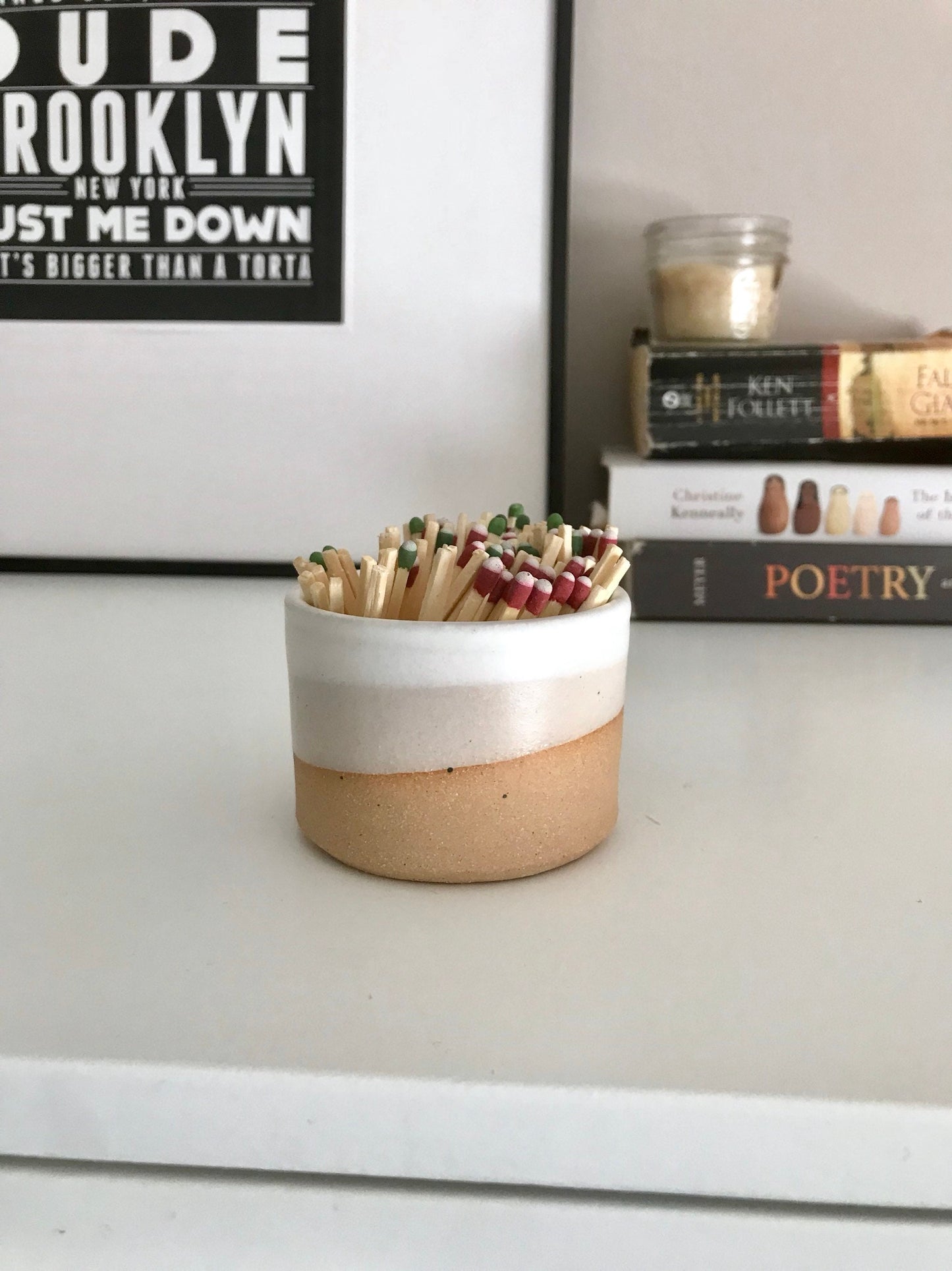 Wide Beige and white- ceramic Matchstick holder- Strike on side - match jar- NEW!