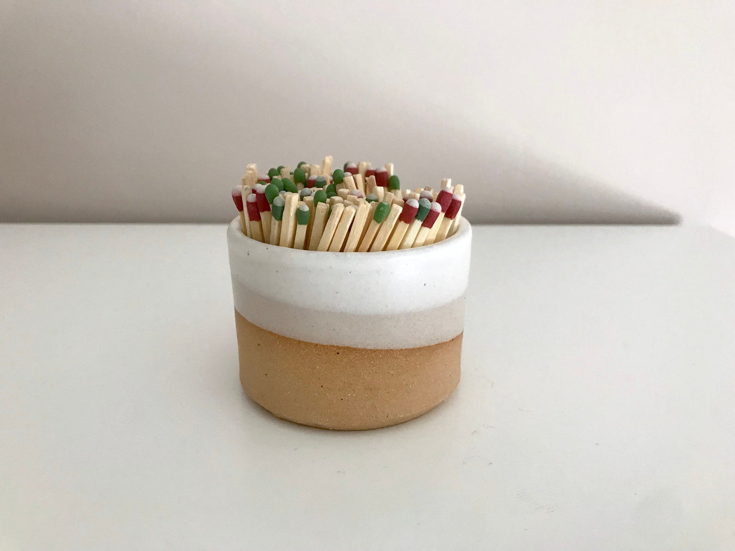 Wide Beige and white- ceramic Matchstick holder- Strike on side - match jar- NEW!