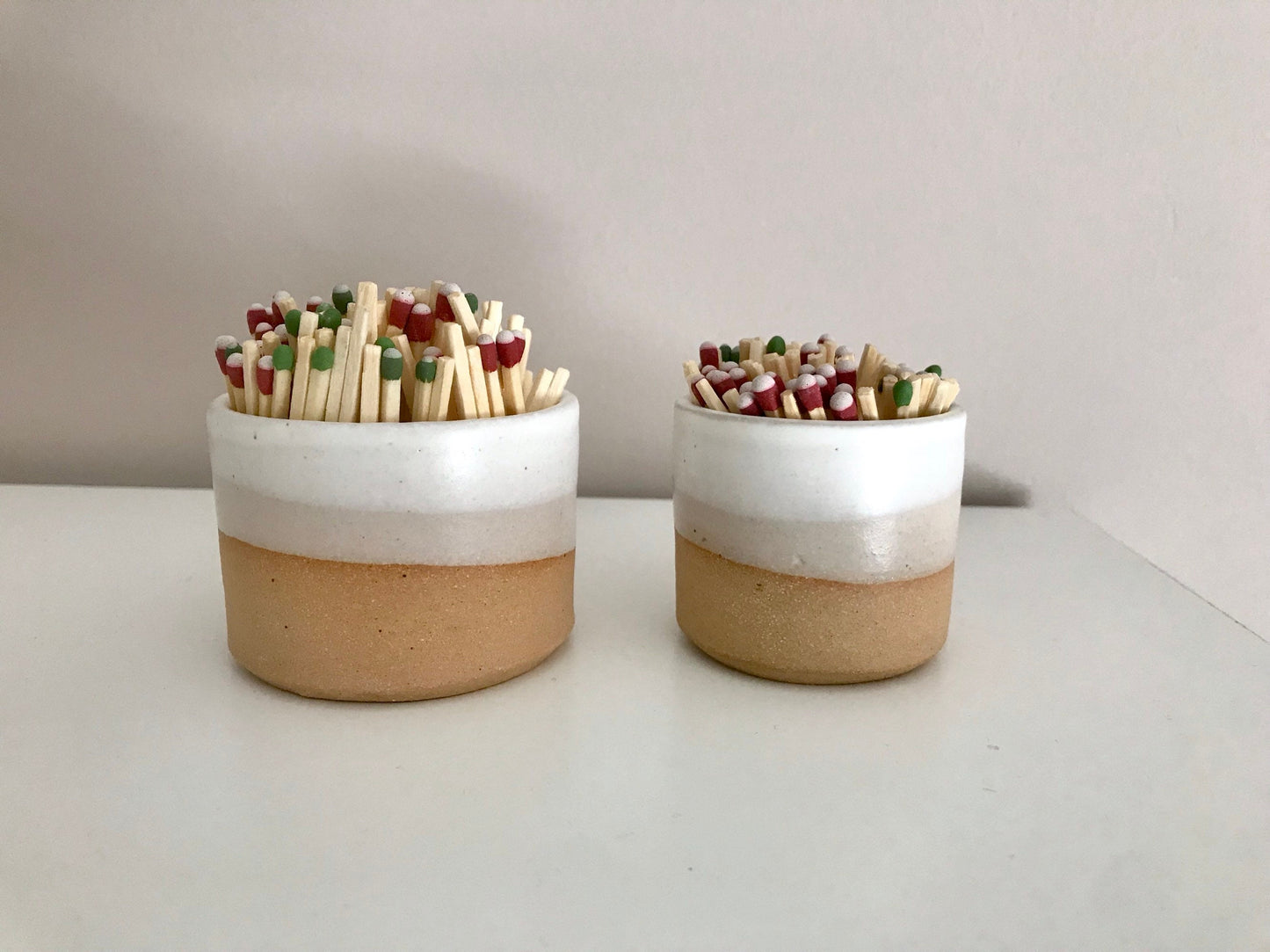 Wide Beige and white- ceramic Matchstick holder- Strike on side - match jar- NEW!