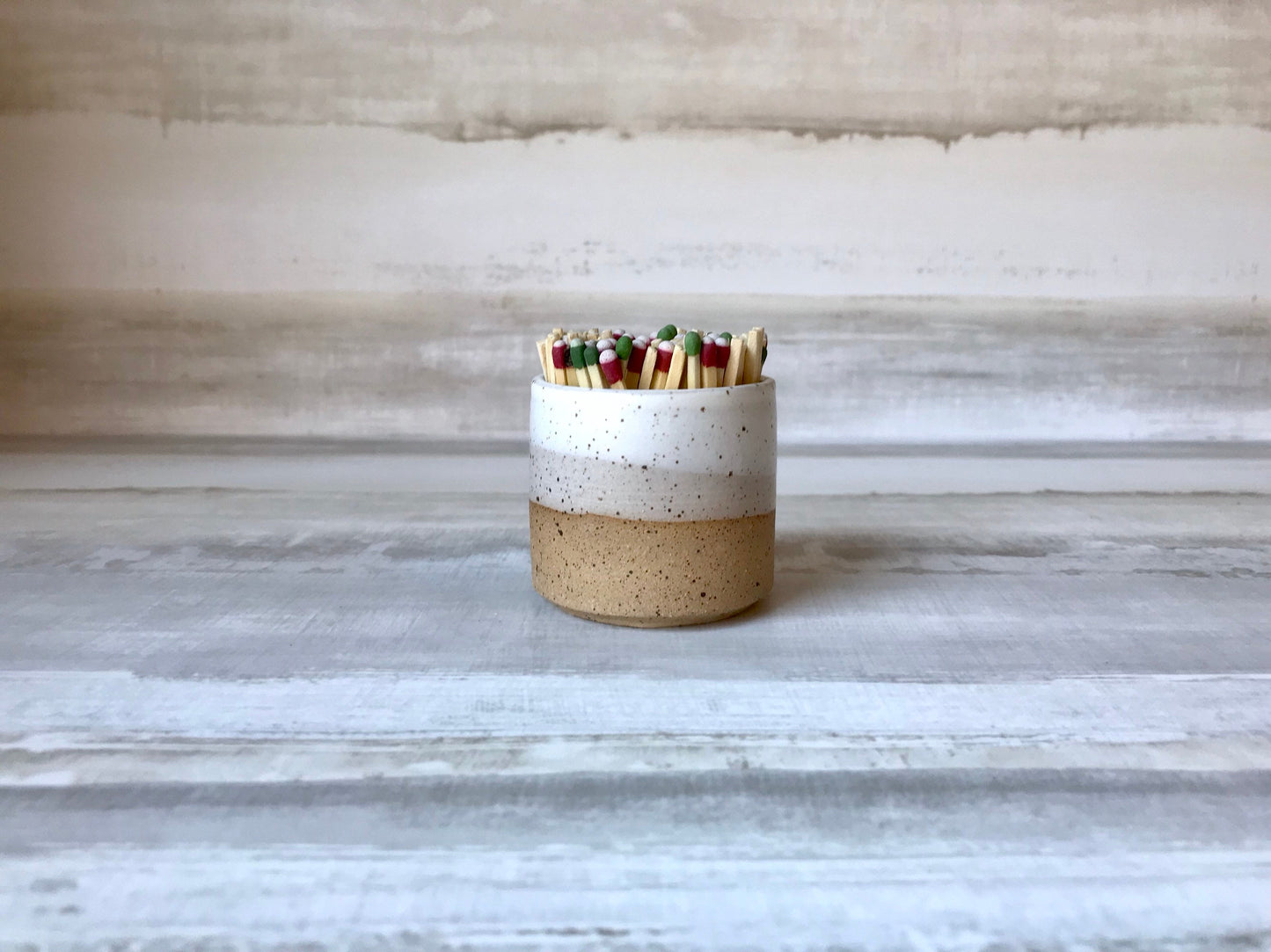 mini SPECKLED  Beige and white- ceramic Matchstick holder- Strike on side - small jar- NEW!