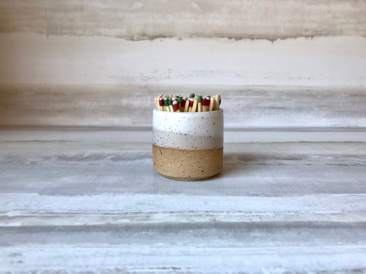 mini SPECKLED  Beige and white- ceramic Matchstick holder- Strike on side - small jar- NEW!