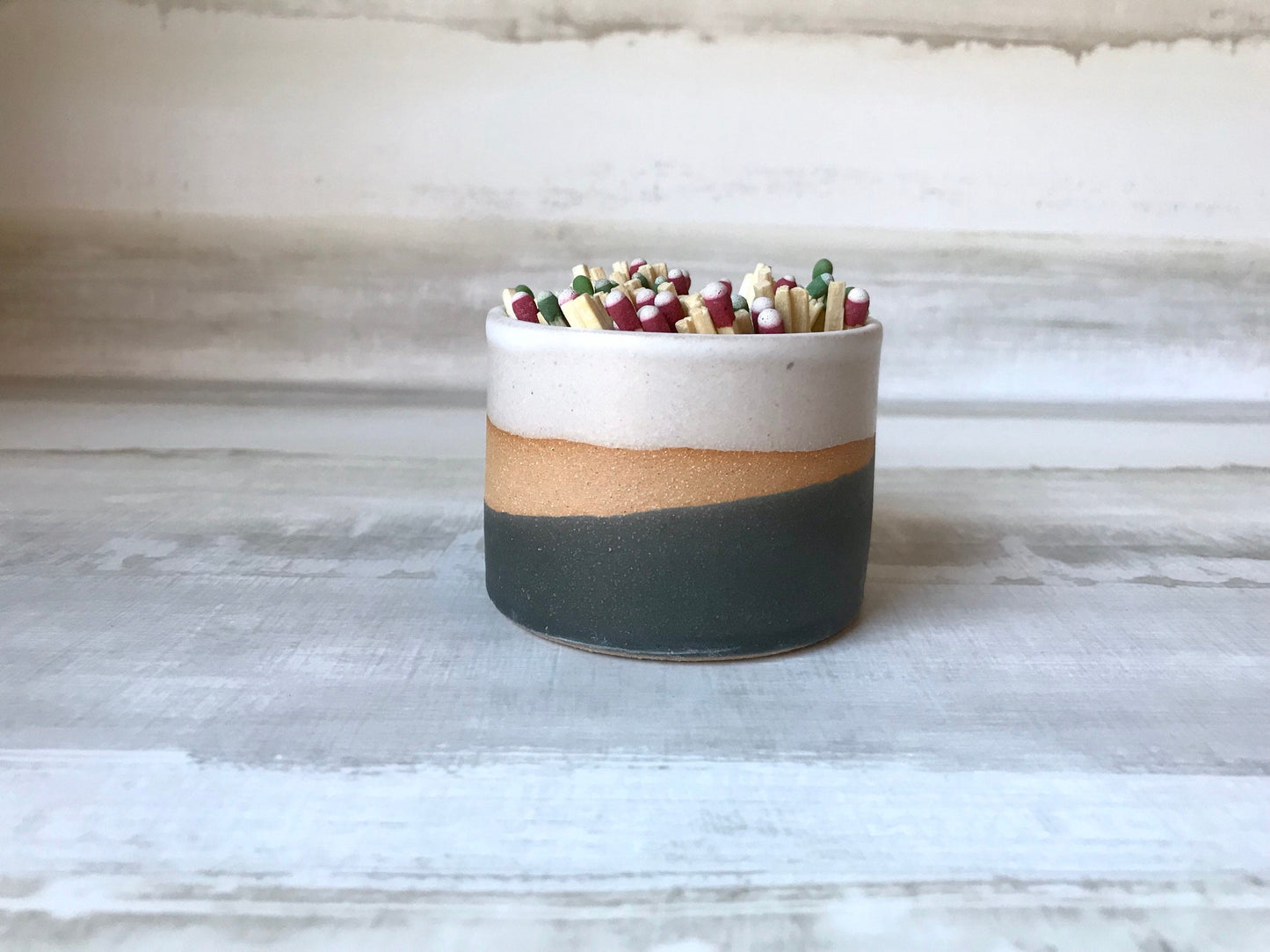 Wide tri color- ceramic Matchstick holder- Strike on side - match jar- NEW!