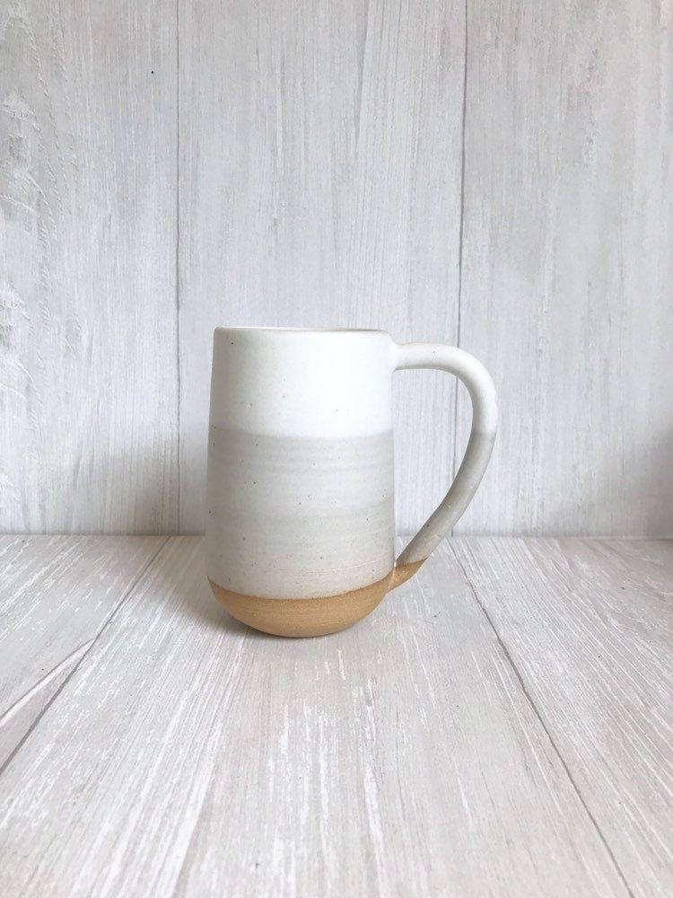 Beige- ceramic mug - tall coffee cup - white on beige striped coffee mug