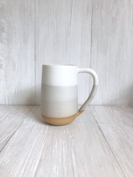 Beige- ceramic mug - tall coffee cup - white on beige striped coffee mug