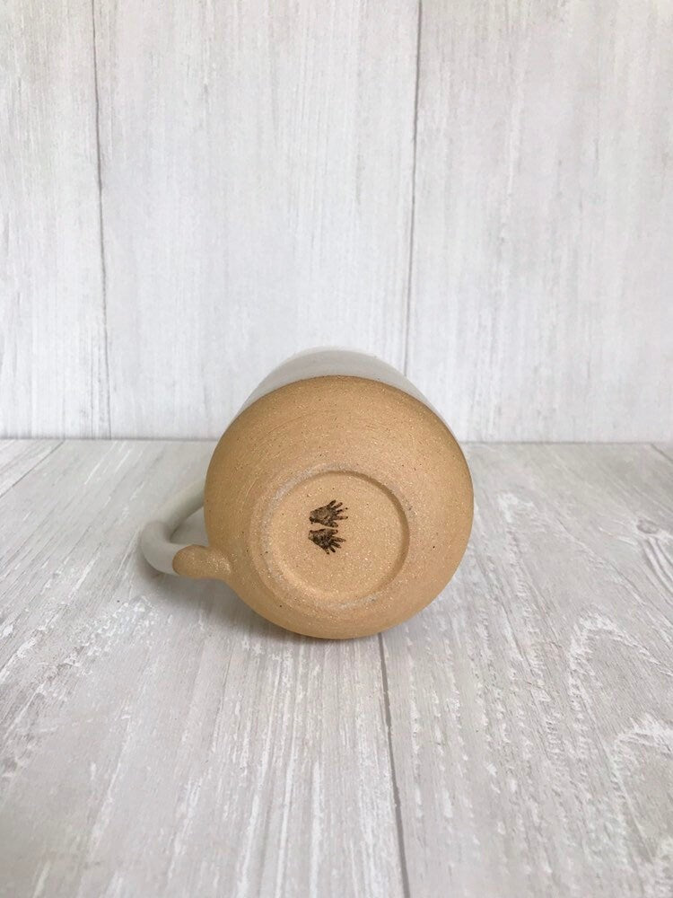 Beige- ceramic mug - tall coffee cup - white on beige striped coffee mug