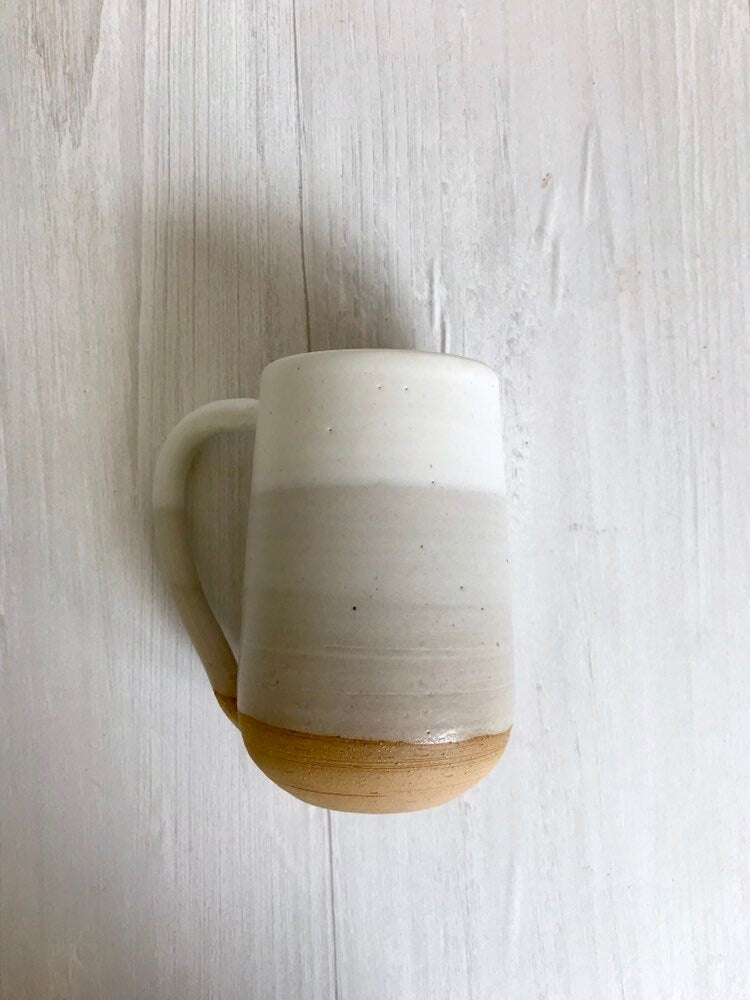Beige- ceramic mug - tall coffee cup - white on beige striped coffee mug