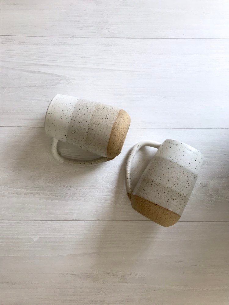 Speckled- ceramic mug - tall coffee cup - white on speckled clay- striped coffee mug
