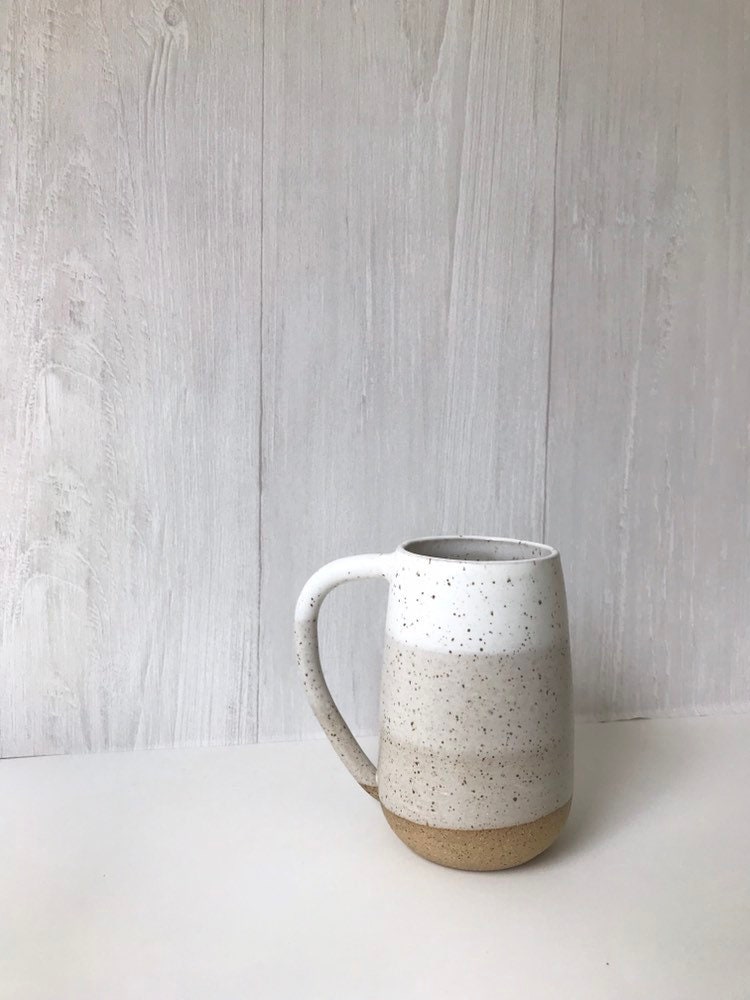 Speckled- ceramic mug - tall coffee cup - white on speckled clay- striped coffee mug