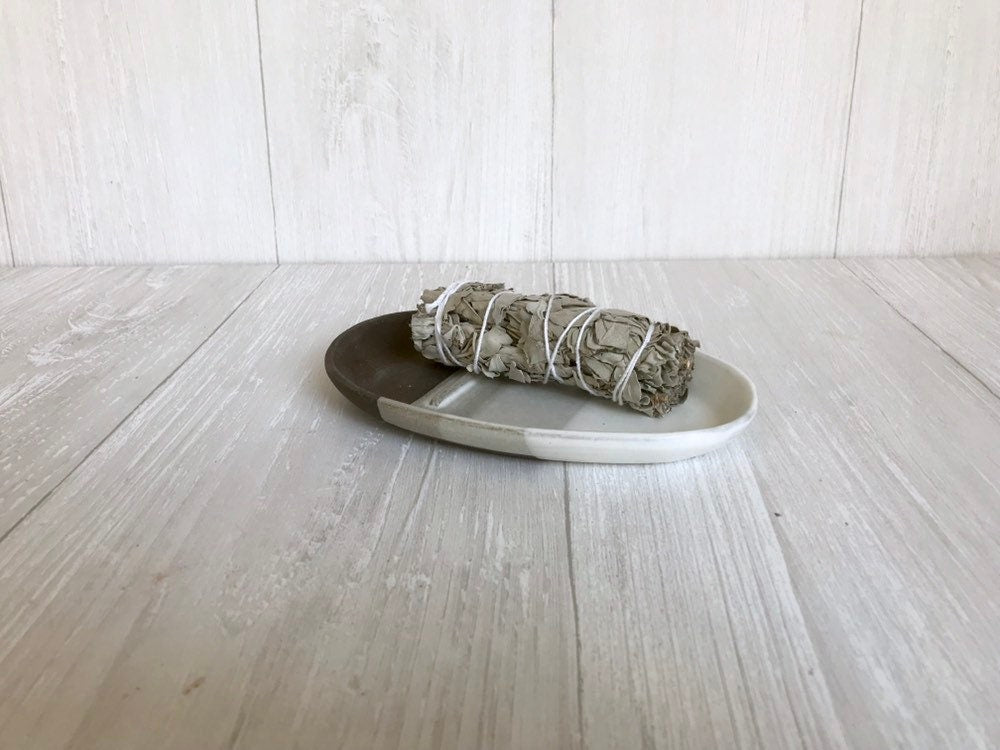 Chocolate- smuge dish- sage stick optional - ceramic sage stick dish- white on  chocolate clay