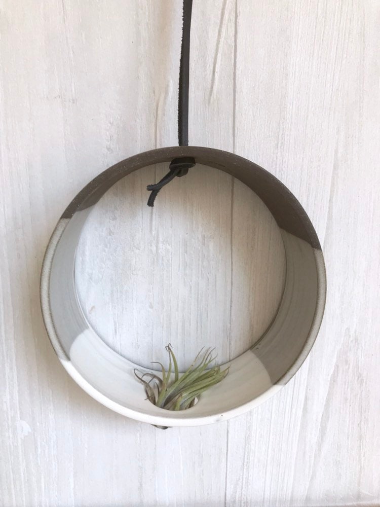 Chocolate- Hanging Circular Airplant holder- ceramic- plant holder- two tone white on dark stoneware