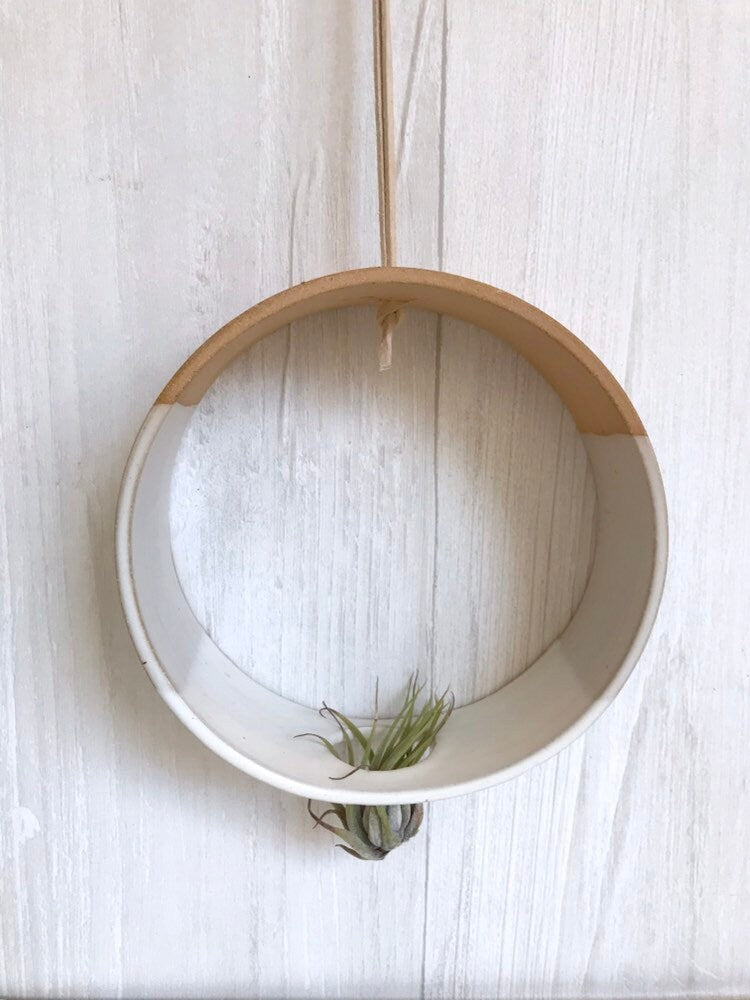 Beige- Hanging Circular Airplant holder- ceramic- plant vase- two tone white on beige stoneware