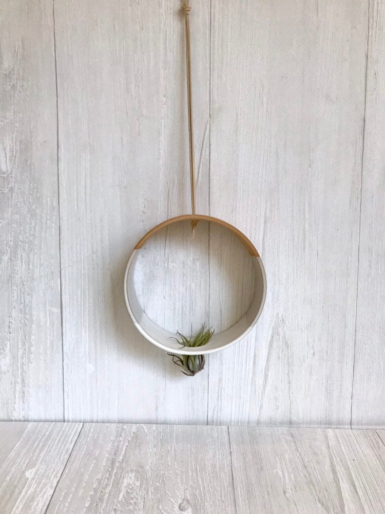 Beige- Hanging Circular Airplant holder- ceramic- plant vase- two tone white on beige stoneware