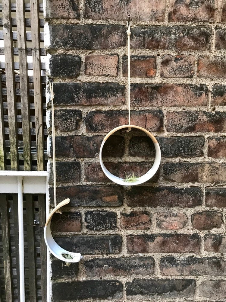 Beige- Hanging Circular Airplant holder- ceramic- plant vase- two tone white on beige stoneware