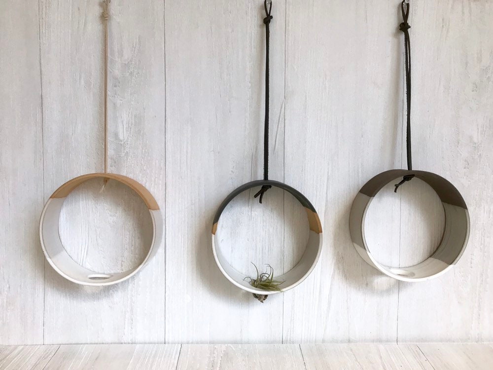 Tri color - Hanging Circular Airplant holder- ceramic- plant vase- 3 tone white and black on beige stoneware