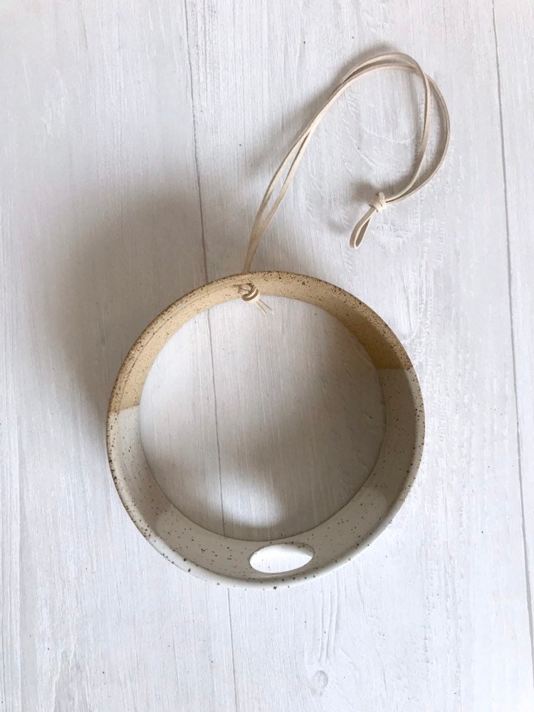 Speckled - Hanging Circular Airplant holder- ceramic- plant vase- two tone white on spckled stoneware