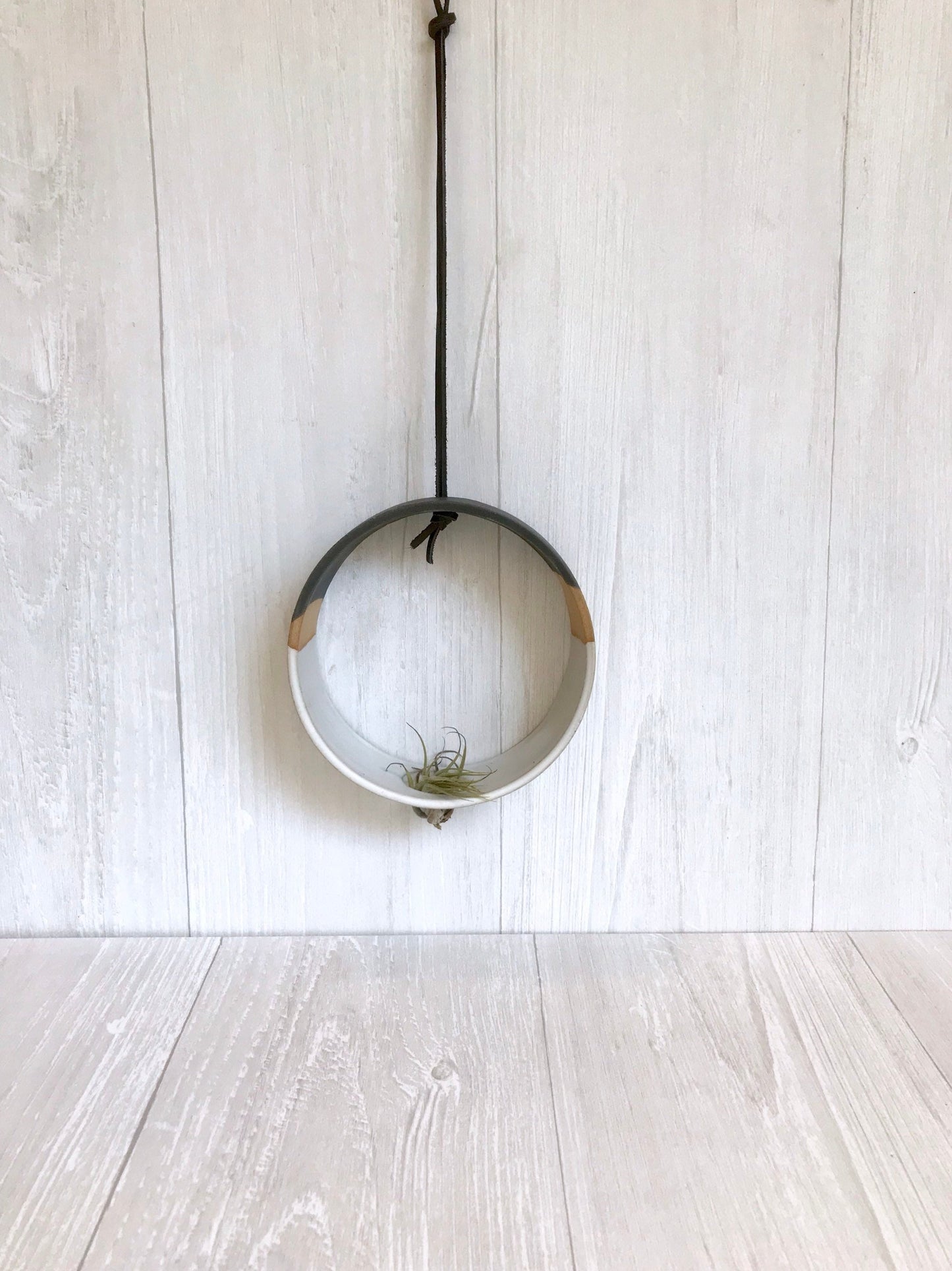 Tri color - Hanging Circular Airplant holder- ceramic- plant vase- 3 tone white and black on beige stoneware