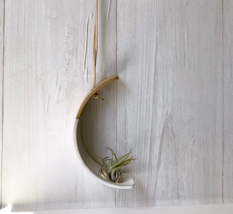 Beige- Hanging crescent moon Airplant holder- ceramic- plant vase arc- two tone white on beige stoneware