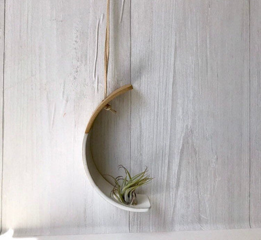 Beige- Hanging crescent moon Airplant holder- ceramic- plant vase arc- two tone white on beige stoneware