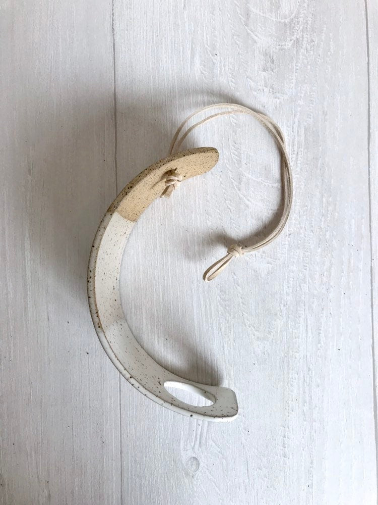 speckled- Hanging crescent moon Airplant holder- ceramic- plant vase arc- two tone white on speckled stoneware