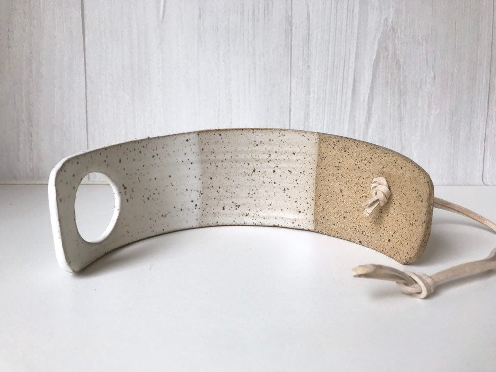 speckled- Hanging crescent moon Airplant holder- ceramic- plant vase arc- two tone white on speckled stoneware